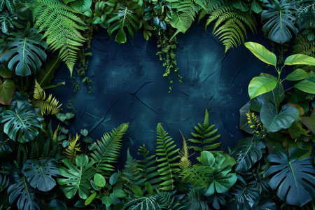 Tropical leaves on dark blue background. Top view with copy spaceの写真素材