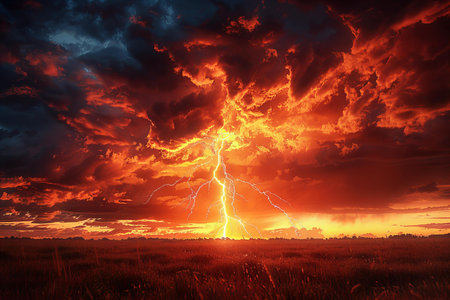 Dramatic stormy sky with lightning. 3d illustration.の写真素材