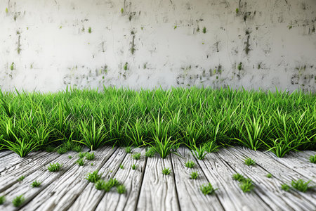 green grass on old wooden floor with white wall background,3d renderの写真素材