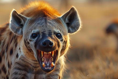 Spotted hyena (Crocuta crocuta) at sunset in Africaの写真素材