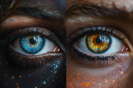 Close-up of beautiful female eyes with creative makeup. Collageの写真素材