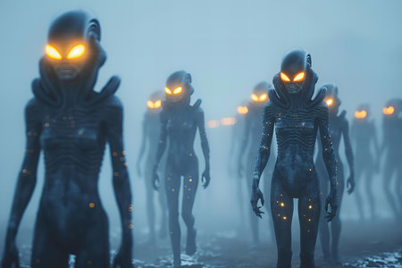 Futuristic Alien Characters on a Foggy Background 3D Renderingの写真素材