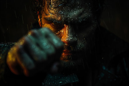 Close-up portrait of a scary zombie man in the rain.の写真素材