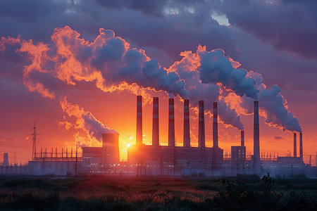 Power plant with smoking chimneys on sunset sky background. Energy concept