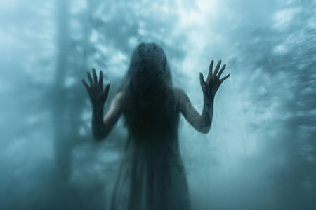 Scary ghost woman in foggy forest, halloween concept