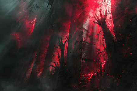 Bloody forest. Horror Halloween background. 3D Rendering.