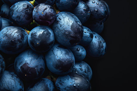 Bunch of blue grapes with water drops on black background, close upの写真素材