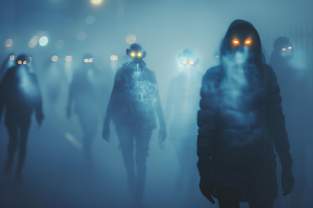 Creepy man in a gas mask in a foggy nightの写真素材