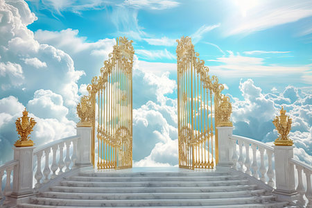 White stairway with golden gate on sky background. 3D renderingの写真素材
