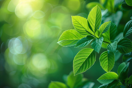 Fresh green leaves on blurred greenery background with bokeh and sunlight