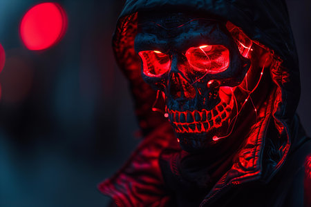 Close-up portrait of a man in a death costume with red glowing neon lights.の写真素材