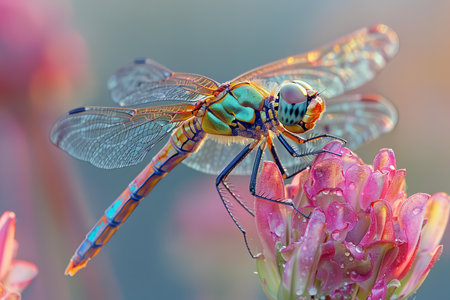Close up of a dragonfly resting on a flower in the garden