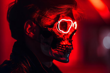 Close-up portrait of a young man with skull makeup. Halloween.