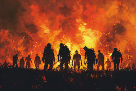 Silhouette of a group of people walking in the fire.