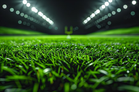Soccer or football field with green grass and spotlights at nightの写真素材