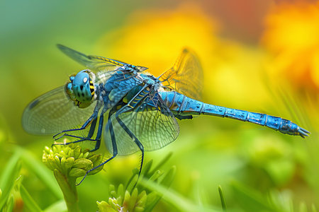Blue dragonfly on a flower in the garden, close-up