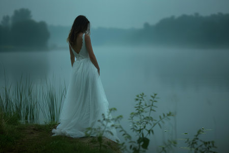 Beautiful girl in a long white dress standing on the bank of the lake.