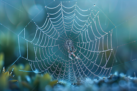 Spider web with dew drops in the morning. Nature background.