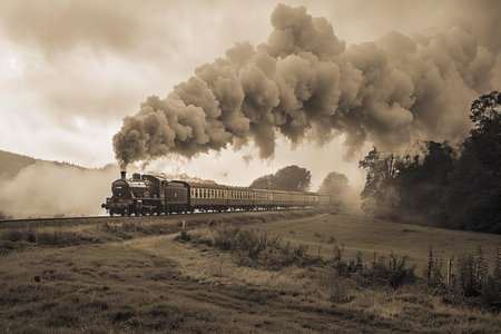 Vintage steam train running through the countryside with smoke coming from chimneysの素材