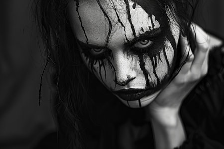 Halloween portrait of young woman with creative make up and blood on faceの素材