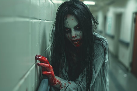 Zombie girl with blood on her face. Halloween. Horror.の素材
