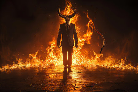 Businessman in a suit with horns and a bow in the fireの素材