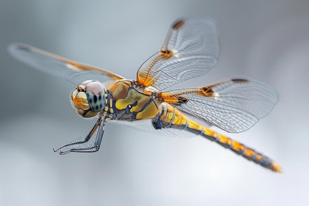 Dragonfly in flight on a gray background. Close-up.の素材