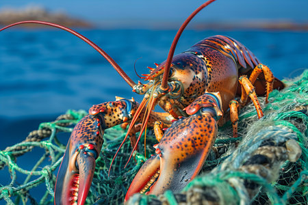 Lobster caught in a fishing net on the Mediterranean Sea.
