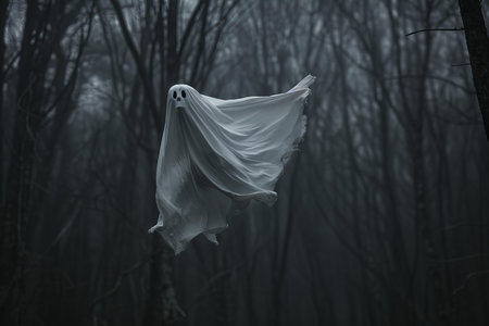 Scary ghost in the foggy forest. Halloween concept. Scary ghost.の写真素材