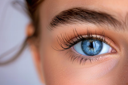 Close up of beautiful woman's blue eye with long eyelashes.