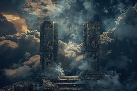 Ruins of an ancient temple in the clouds. 3D renderingの写真素材