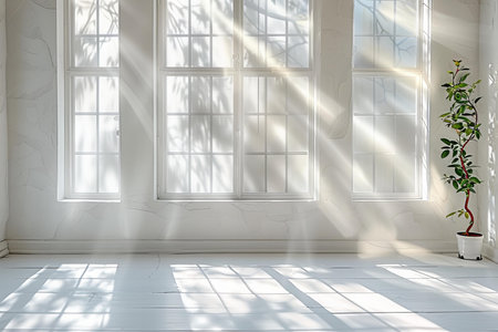 interior white room with window and plant. 3d render illustration