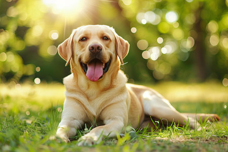 Labrador retriever dog lying on green grass in summer park.