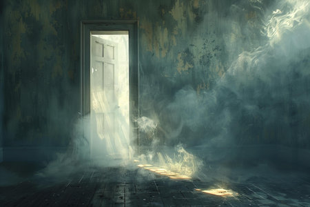 Door in the dark room with smoke and fog. 3D renderingの写真素材