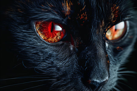Close-up portrait of a black cat with red eyes on black backgroundの写真素材
