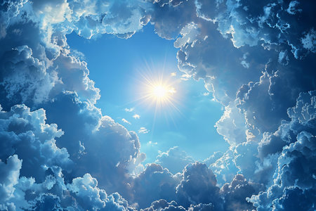 Sun in blue sky with white clouds. 3d rendering toned image