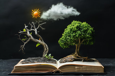 Tree growing from an open book on a black background. The concept of education and knowledge.の写真素材