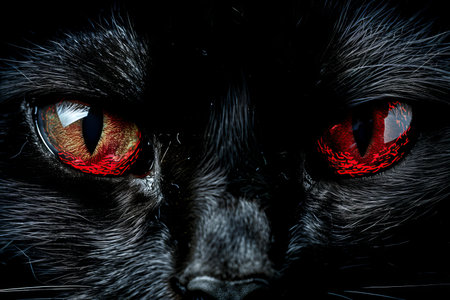 Close up of a black cat with red eyes on black background.の写真素材