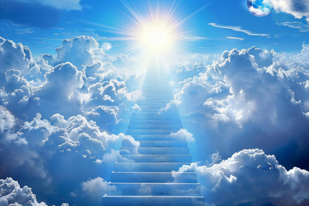Stairway to heaven with sun and clouds. 3D renderingの写真素材