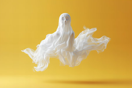 Flying ghost isolated on yellow background. Halloween concept. 3D Renderingの写真素材