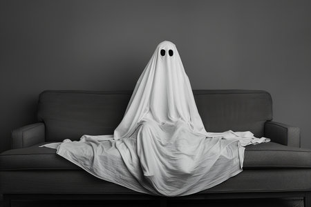 Halloween ghost with white cloth on sofa, black and white toneの写真素材