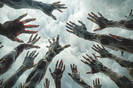 Zombie hands rising from the sky, halloween concept.の写真素材