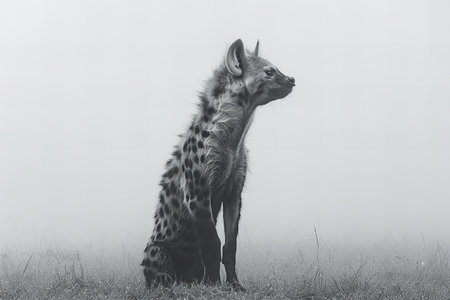 Hyena in a foggy meadow, black and white imageの写真素材