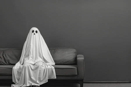 Halloween ghost sitting on sofa in front of grey wall with copy space