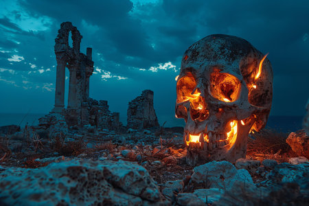 Skull on the ruins of an ancient greek temple at night