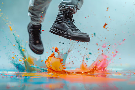 Feet of a man jumping in water with splashes of paint