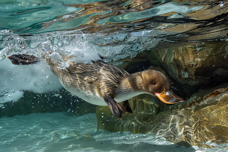 duck swimming in the water on a sunny day in the springの写真素材