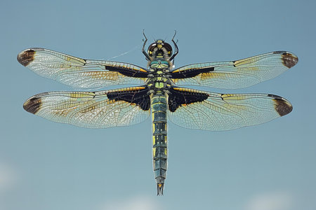 Dragonfly on a blue sky background. Close-up of a dragonfly.の写真素材