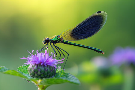 Close up of a dragonfly on a purple thistle flower.