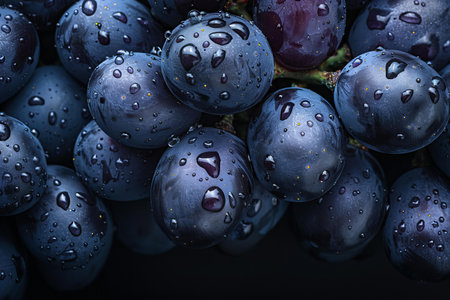 Ripe black grapes with water drops on black background, closeupの写真素材